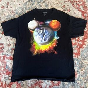 Disney Mickey Mouse Galaxy Space Earth Planets Black Short Sleeve T Shirt Men XL